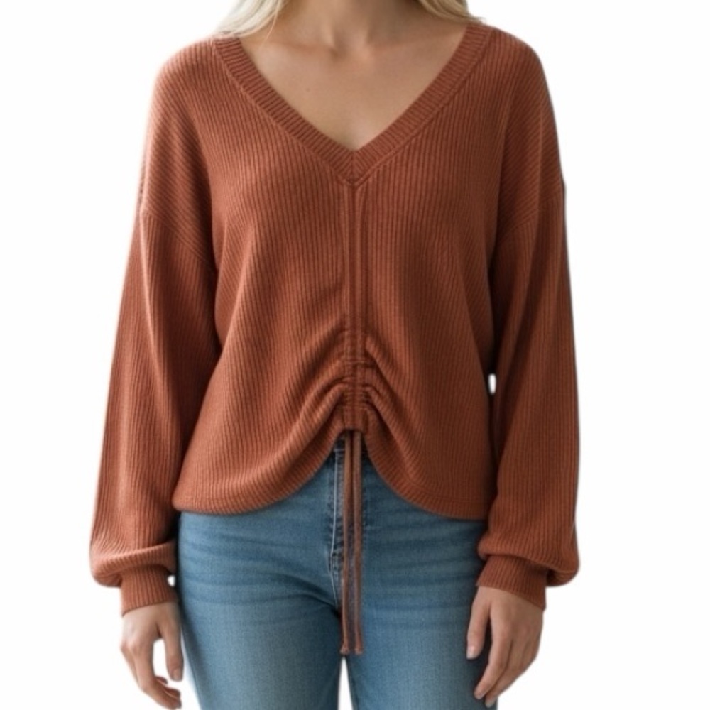 Elan Brown/Rust V-Neck Long Sleeve Front Drawstring Top L